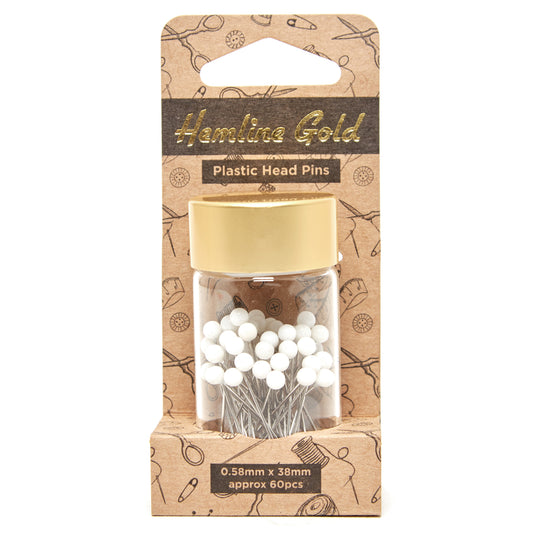 Pins: Plastic Head Nickel Plated Steel: Hemline Gold: 60 Pieces: White
